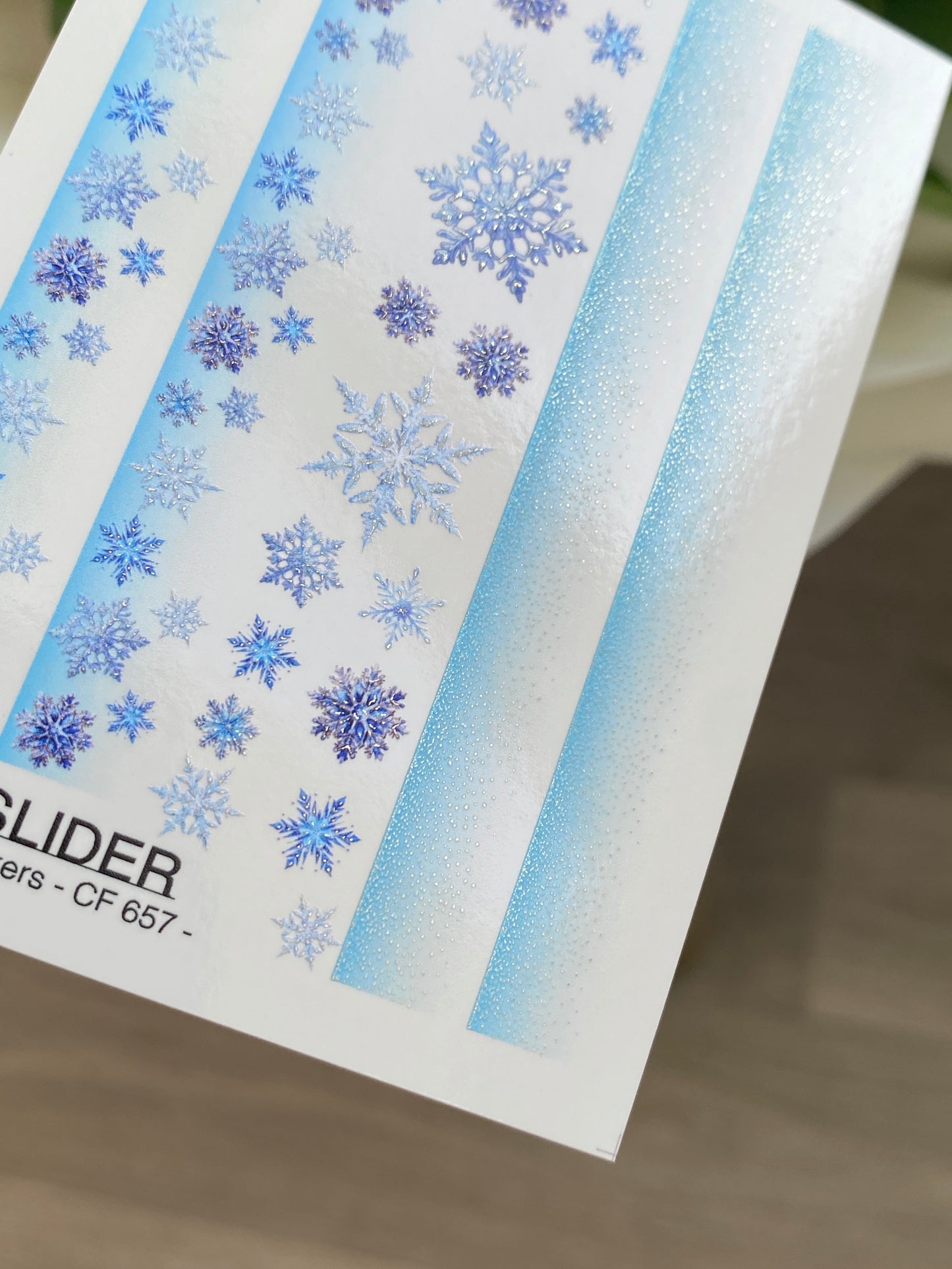 Nail Water Decal CF-657 | Water Slide Nail Decals with Blue Snowflakes | Winter Gradient Strips