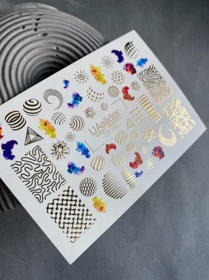 Nail Water Decal CF-159 | Abstract Geometric Water Slide Nail Decals | Modern Shapes & Gold Foil Accents