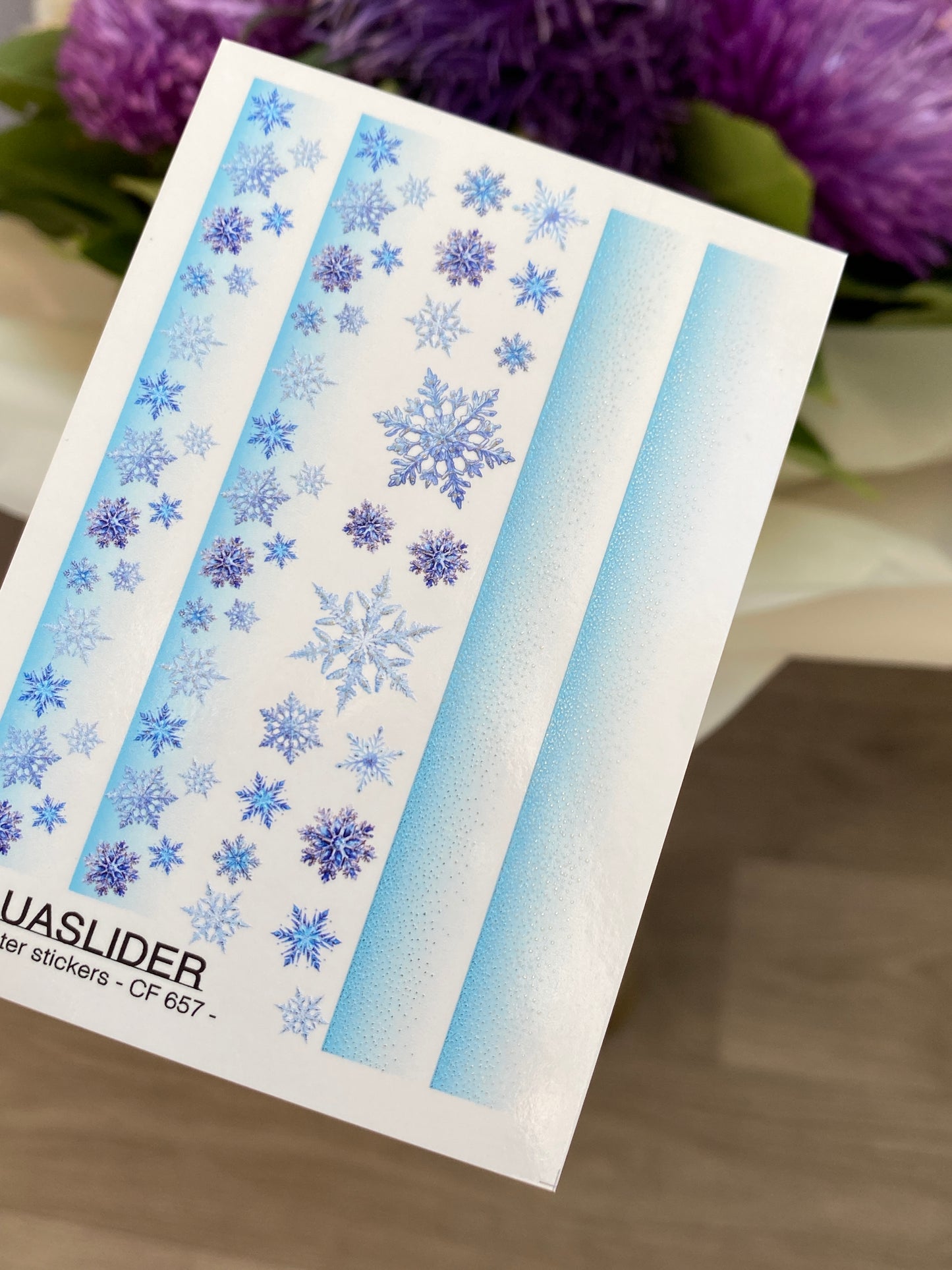 Nail Water Decal CF-657 | Water Slide Nail Decals with Blue Snowflakes | Winter Gradient Strips