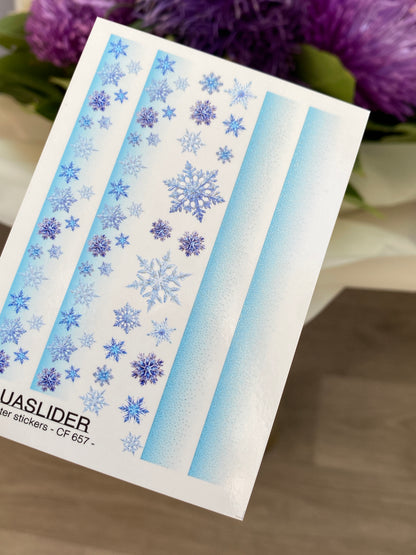 Nail Water Decal CF-657 | Water Slide Nail Decals with Blue Snowflakes | Winter Gradient Strips