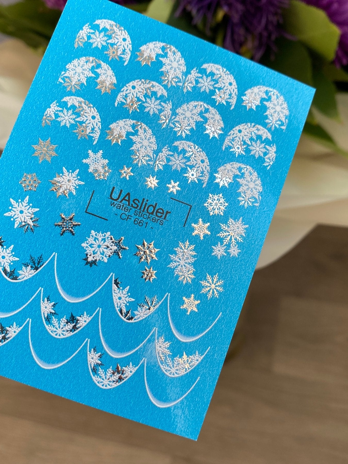 Nail Water Decal CF-661 | Water Slide Nail Decals with Silver Snowflakes | Winter French Tips