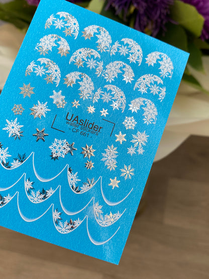 Nail Water Decal CF-661 | Water Slide Nail Decals with Silver Snowflakes | Winter French Tips