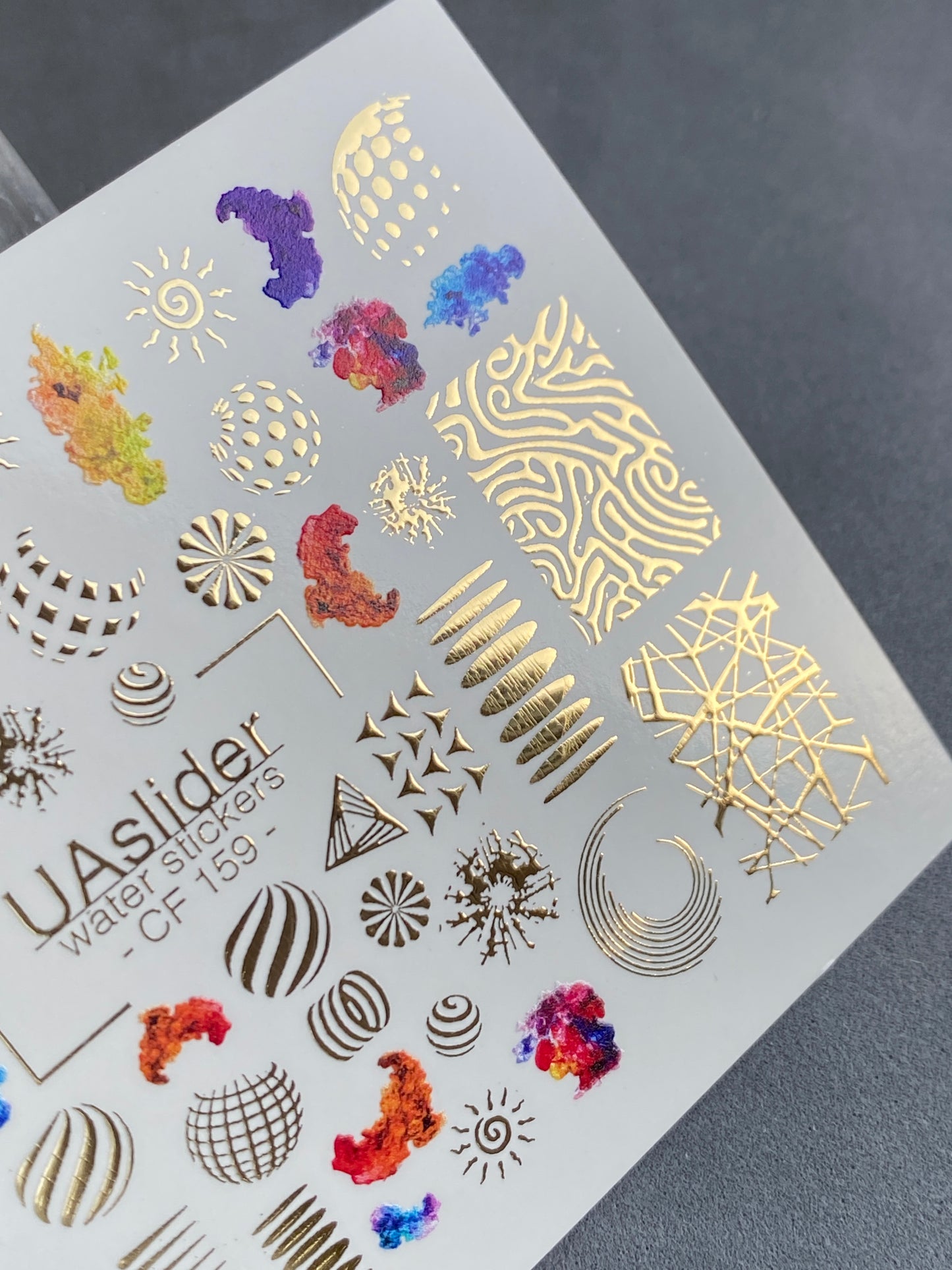 Nail Water Decal CF-159 | Abstract Geometric Water Slide Nail Decals | Modern Shapes & Gold Foil Accents
