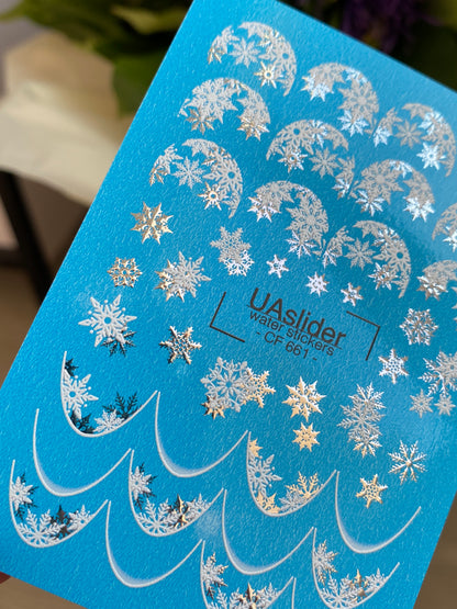 Nail Water Decal CF-661 | Water Slide Nail Decals with Silver Snowflakes | Winter French Tips