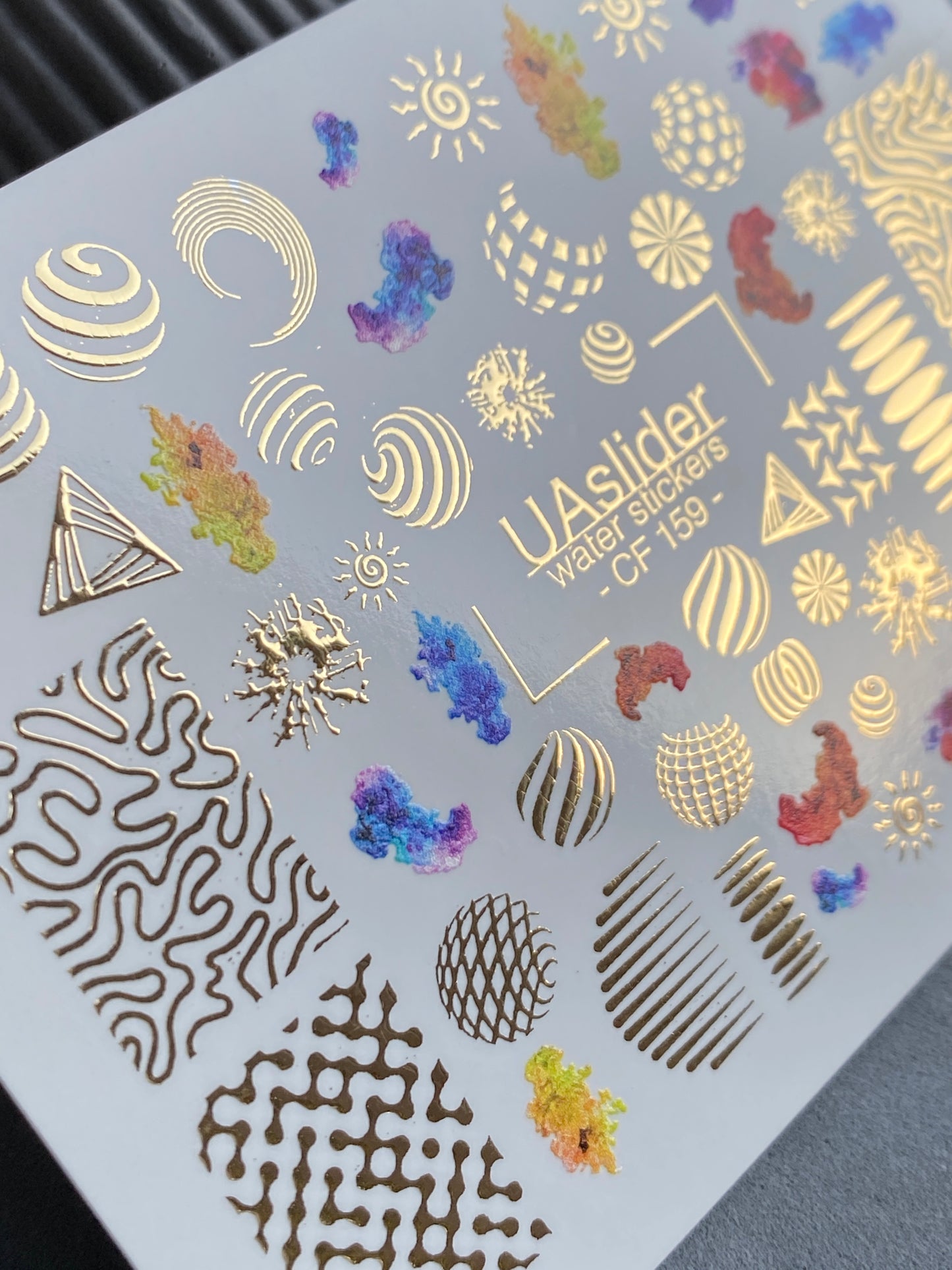 Nail Water Decal CF-159 | Abstract Geometric Water Slide Nail Decals | Modern Shapes & Gold Foil Accents