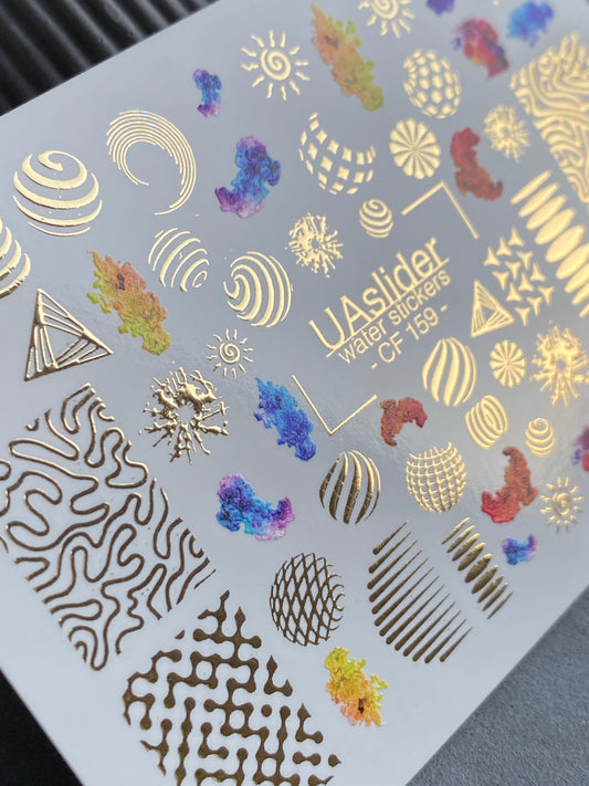 Nail Water Decal CF-159 | Abstract Geometric Water Slide Nail Decals | Modern Shapes & Gold Foil Accents