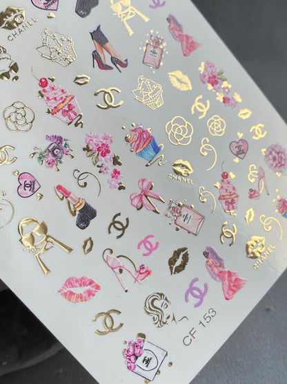 Nail Water Decal CF-153 | Glam Fashion Water Slide Nail Decals | High Heels, Lipstick & Gold Foil Accents
