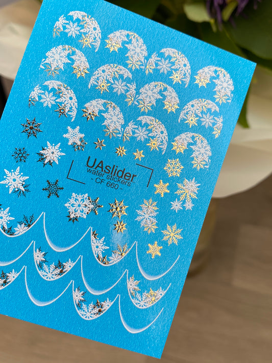 Nail Water Decal CF-660 | Water Slide Nail Decals with Silver & Gold Snowflakes | Festive French Tips