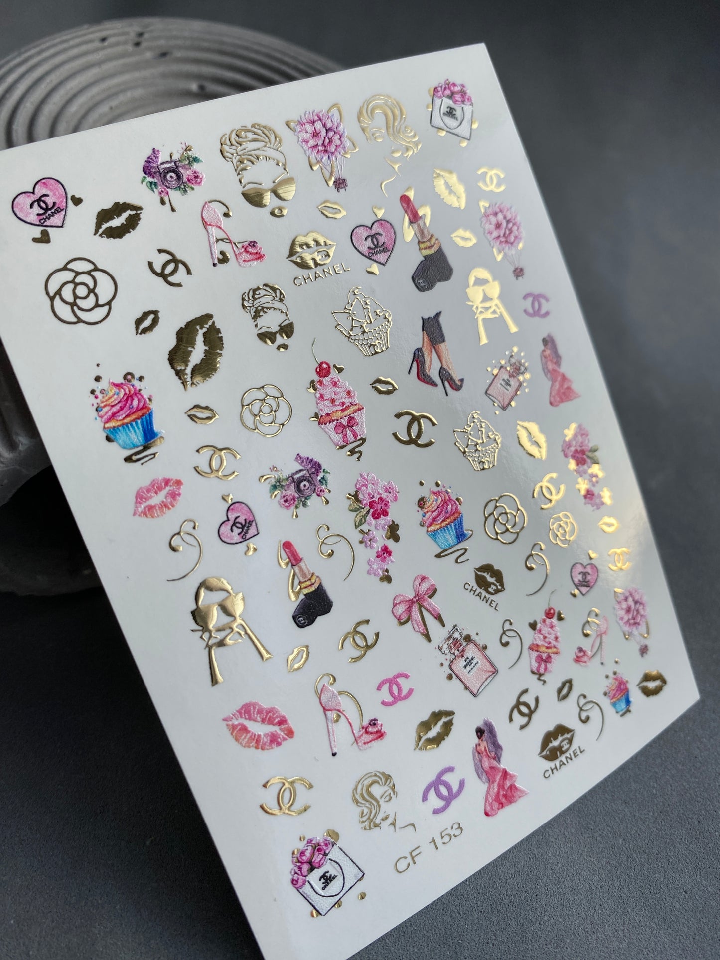 Nail Water Decal CF-153 | Glam Fashion Water Slide Nail Decals | High Heels, Lipstick & Gold Foil Accents