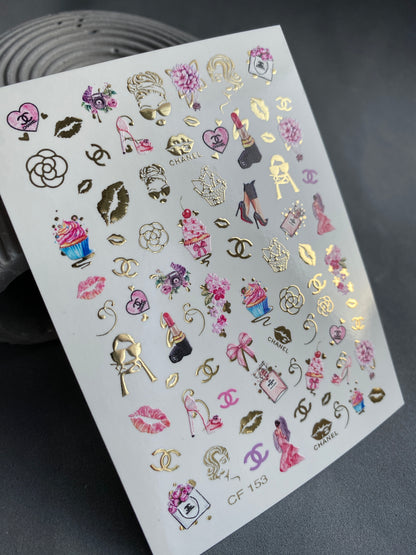 Nail Water Decal CF-153 | Glam Fashion Water Slide Nail Decals | High Heels, Lipstick & Gold Foil Accents
