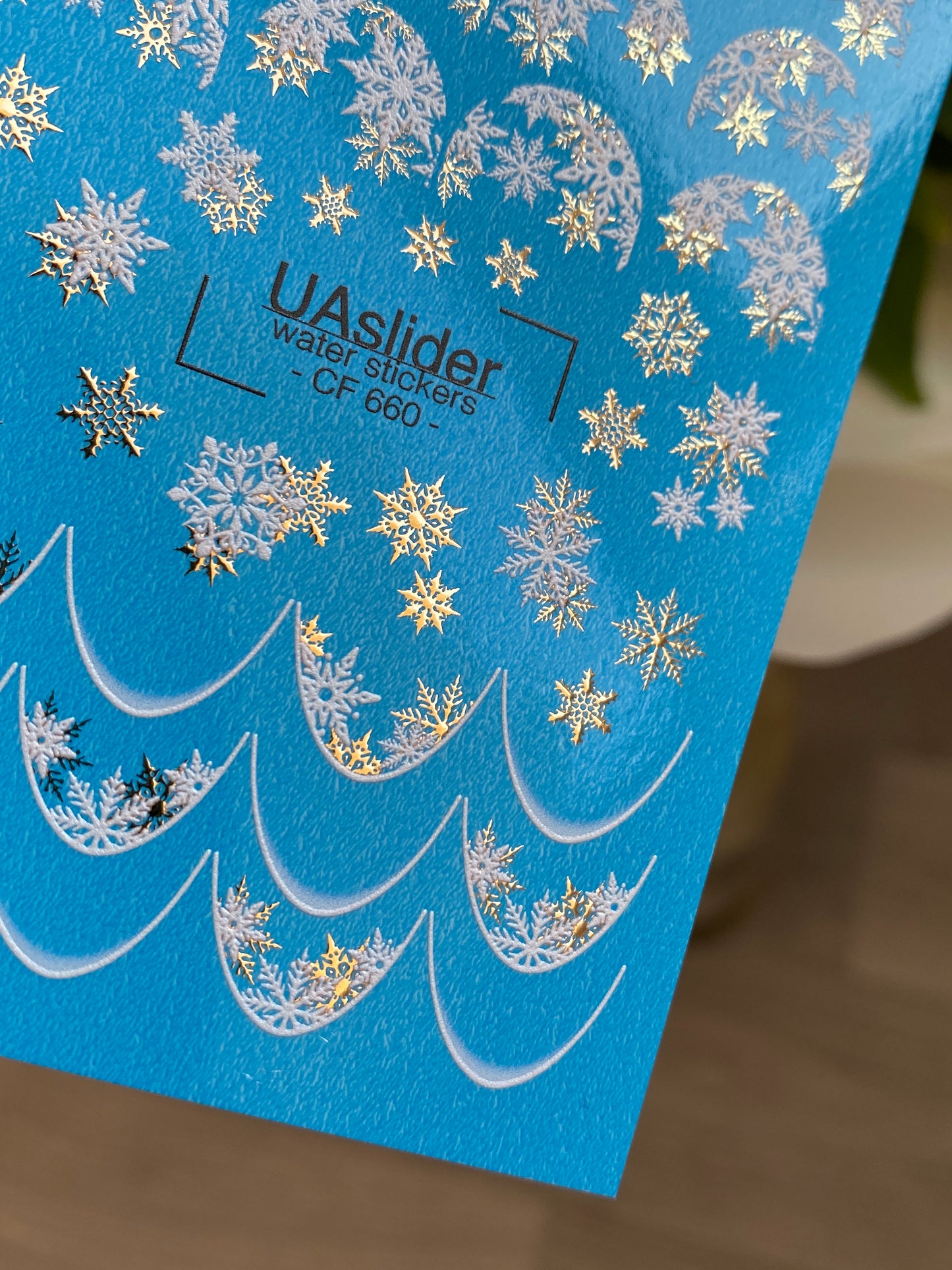 Nail Water Decal CF-660 | Water Slide Nail Decals with Silver & Gold Snowflakes | Festive French Tips