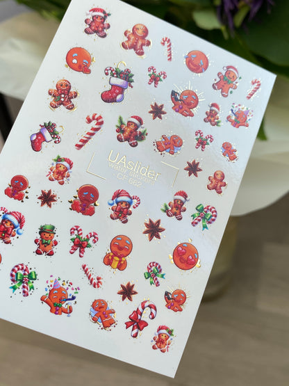 Nail Water Decal CF-662 | Water Slide Nail Decals with Gingerbread Cookies & Candy Canes | Christmas Holiday Set
