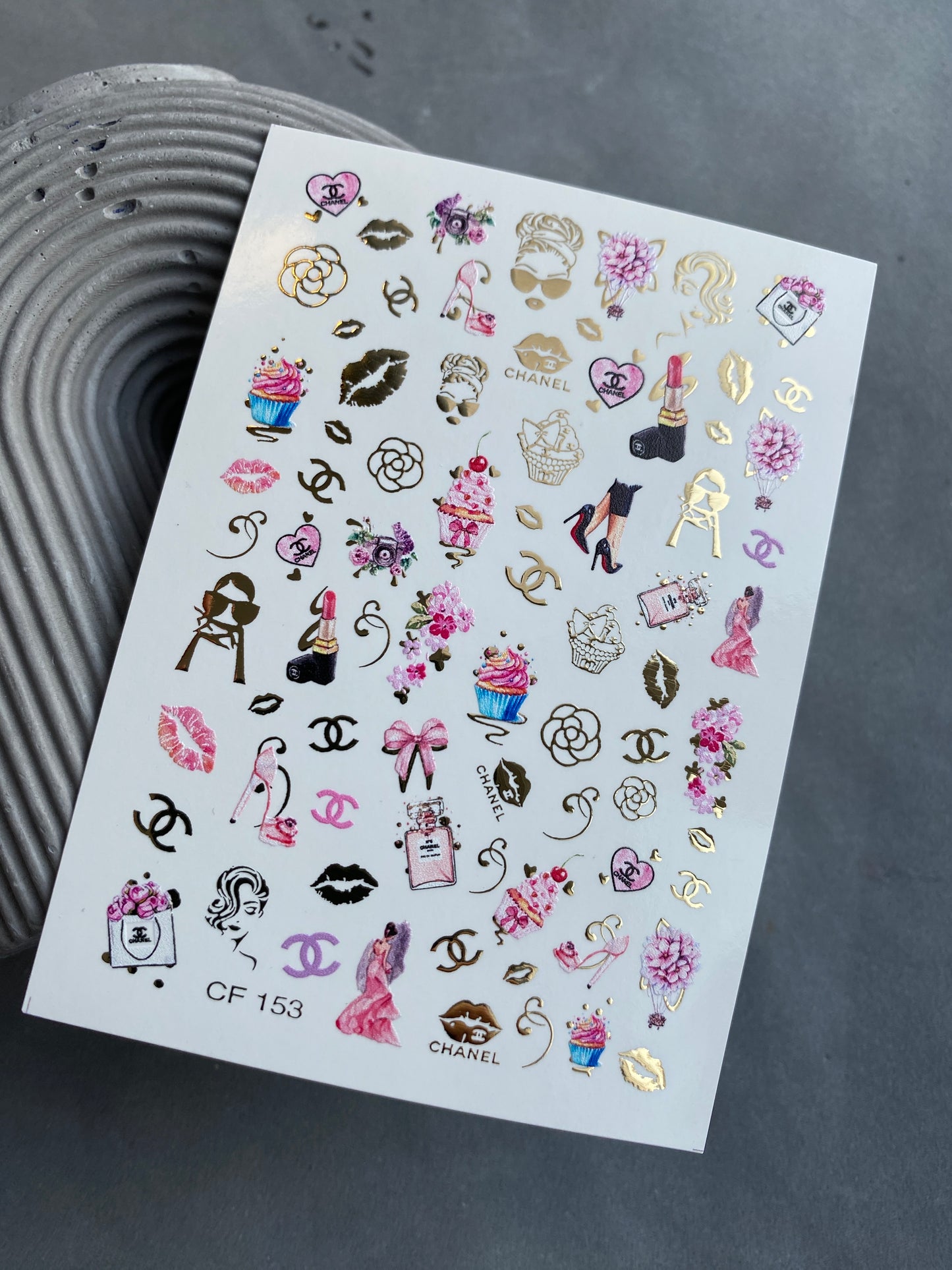 Nail Water Decal CF-153 | Glam Fashion Water Slide Nail Decals | High Heels, Lipstick & Gold Foil Accents