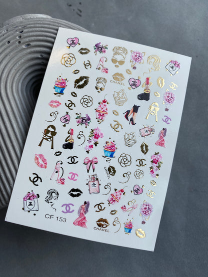 Nail Water Decal CF-153 | Glam Fashion Water Slide Nail Decals | High Heels, Lipstick & Gold Foil Accents