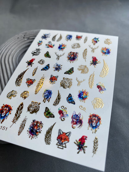 Nail Water Decal CF-151 | Animal Water Slide Nail Decals | Lions, Tigers, Foxes & Gold Foil Wings