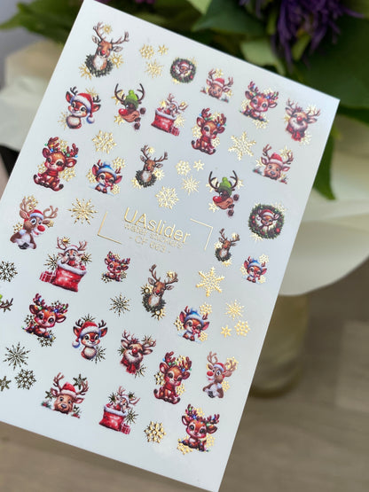 Nail Water Decal CF-663 | Water Slide Nail Decals with Christmas Reindeer & Gold Snowflakes | Festive Holiday Set