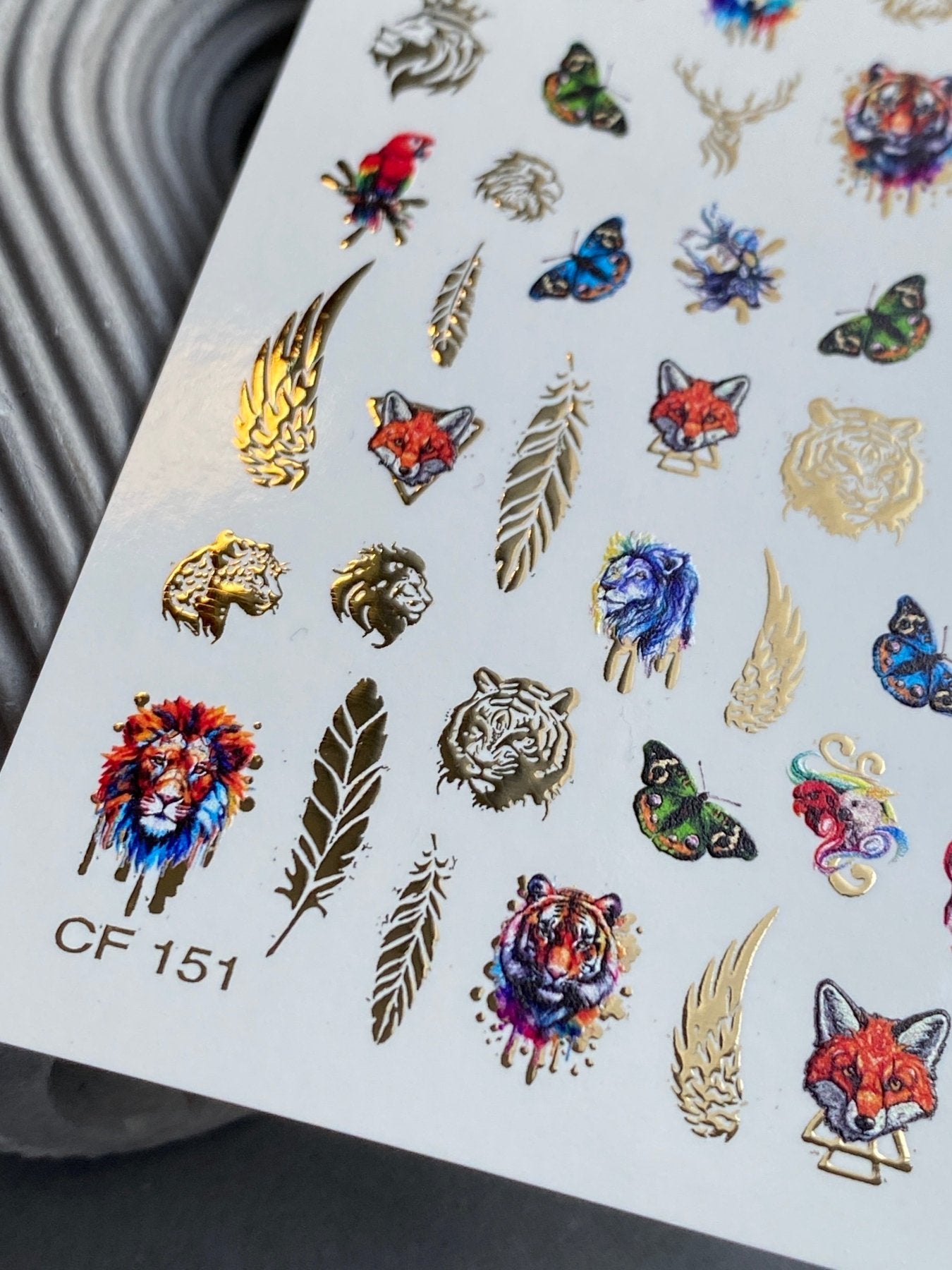 Nail Water Decal CF-151 | Animal Water Slide Nail Decals | Lions, Tigers, Foxes & Gold Foil Wings - UASLIDER