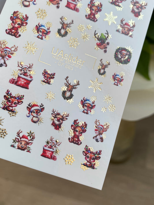 Nail Water Decal CF-663 | Water Slide Nail Decals with Christmas Reindeer & Gold Snowflakes | Festive Holiday Set