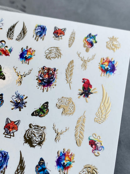 Nail Water Decal CF-151 | Animal Water Slide Nail Decals | Lions, Tigers, Foxes & Gold Foil Wings