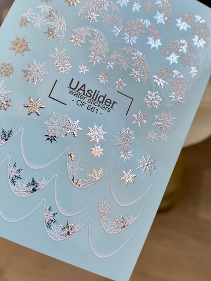 Nail Water Decal CF-661 | Water Slide Nail Decals with Silver Snowflakes | Winter French Tips