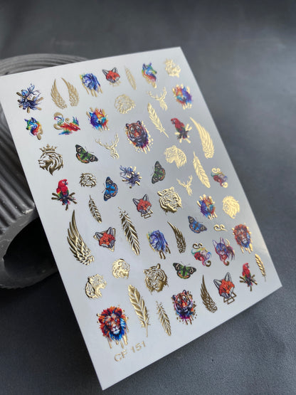 Nail Water Decal CF-151 | Animal Water Slide Nail Decals | Lions, Tigers, Foxes & Gold Foil Wings