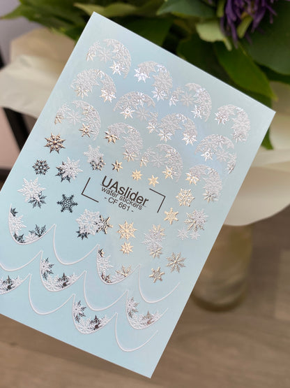 Nail Water Decal CF-661 | Water Slide Nail Decals with Silver Snowflakes | Winter French Tips