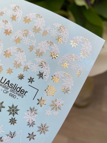 Nail Water Decal CF-660 | Water Slide Nail Decals with Silver & Gold Snowflakes | Festive French Tips