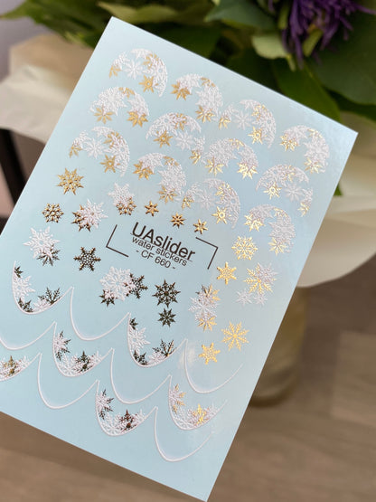 Nail Water Decal CF-660 | Water Slide Nail Decals with Silver & Gold Snowflakes | Festive French Tips