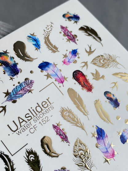 Nagel-Wasserabziehbild CF-152 | Feder-Wasserfolien-Nagelabziehbilder | Bunte Federn, Vögel & Goldfoliensternchen
