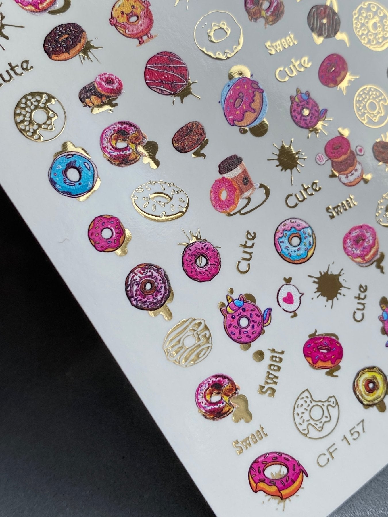 Nail Water Decal CF-157 | Donut Water Slide Nail Decals | Sweet Candy Designs & Gold Foil Details - UASLIDER