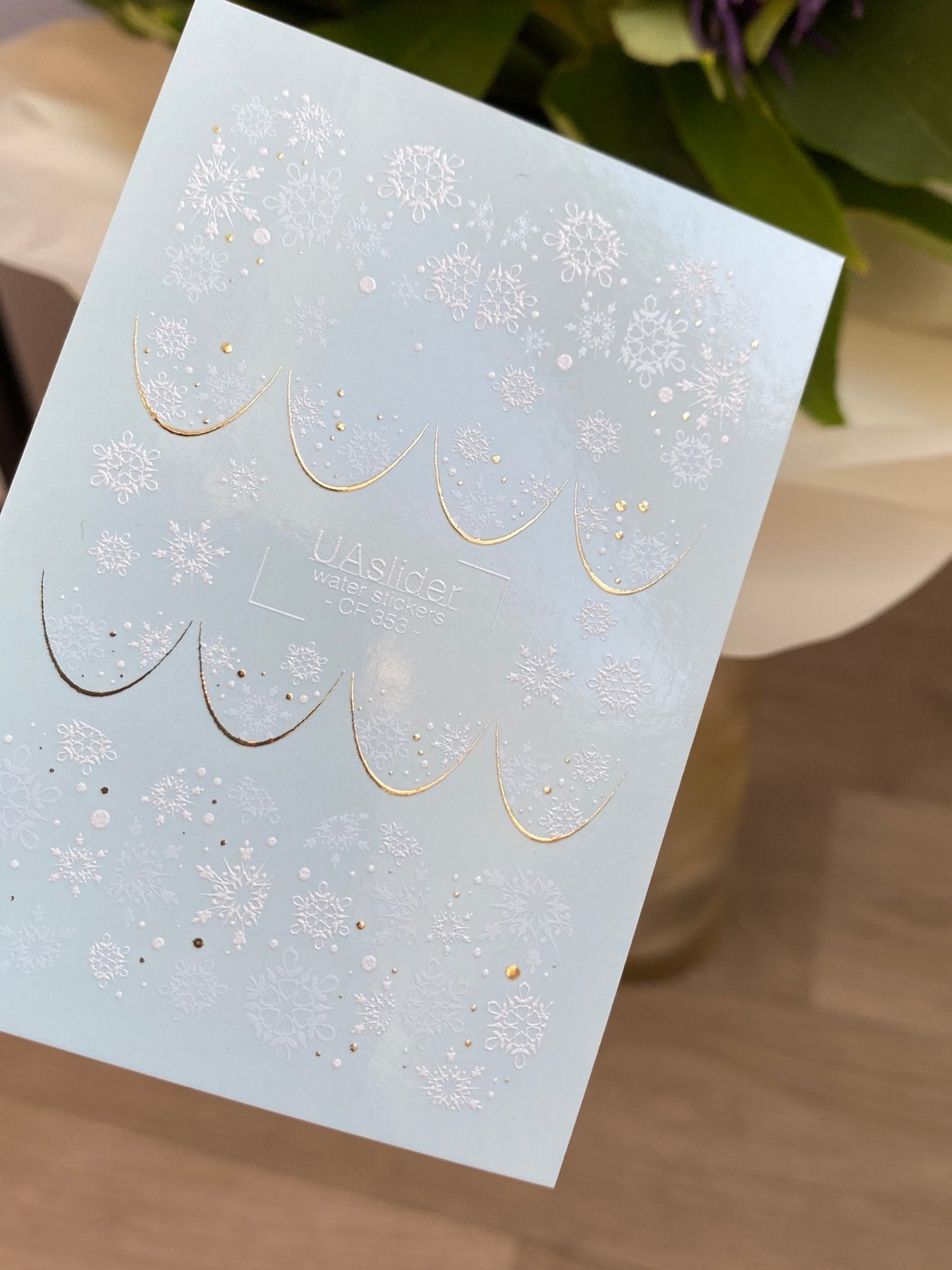 Nail Water Decal CF-353 | Water Slide Nail Decals | Snowflakes French Tips with Gold Accents - UASLIDER