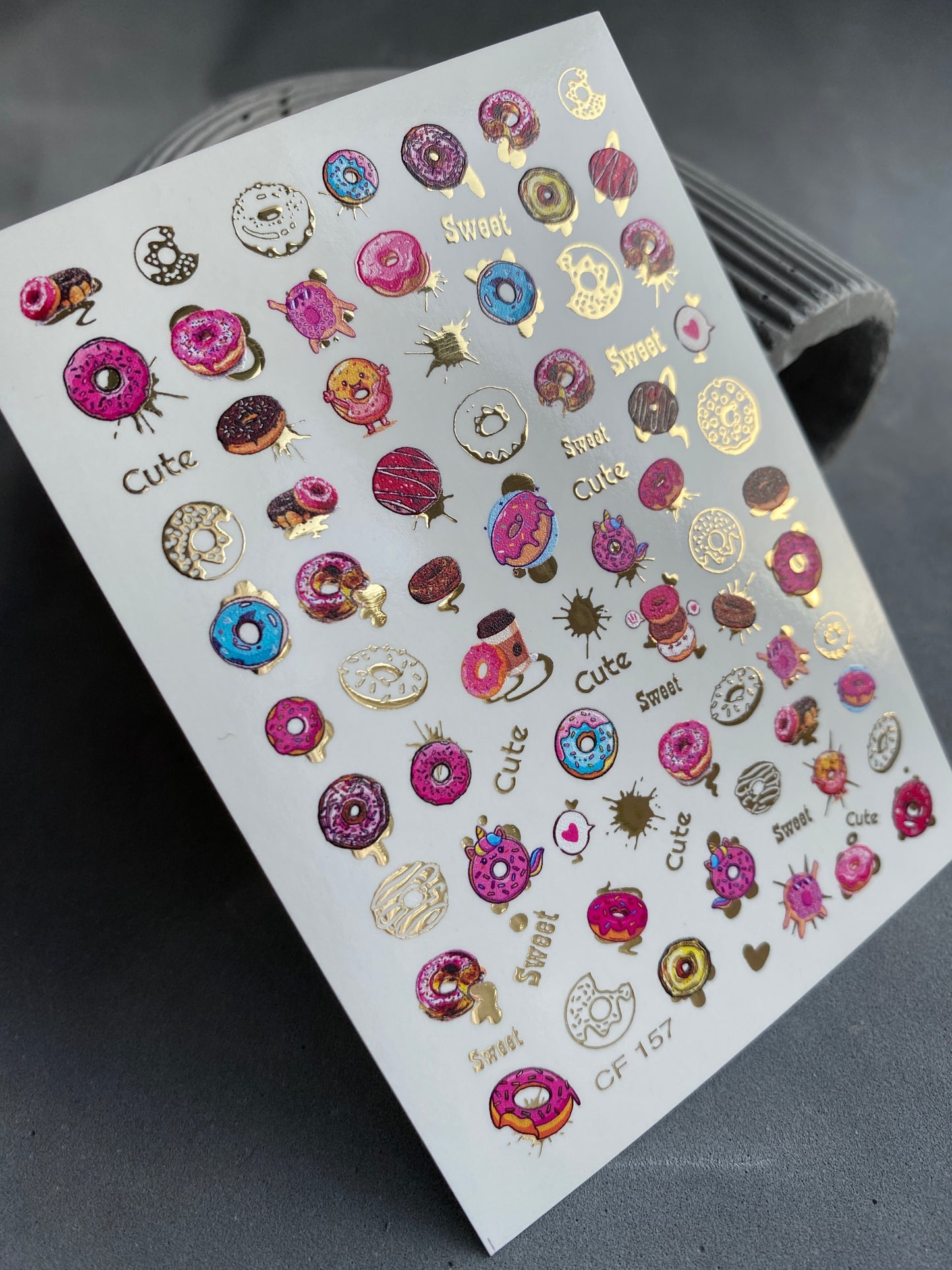 Nail Water Decal CF-157 | Donut Water Slide Nail Decals | Sweet Candy Designs & Gold Foil Details