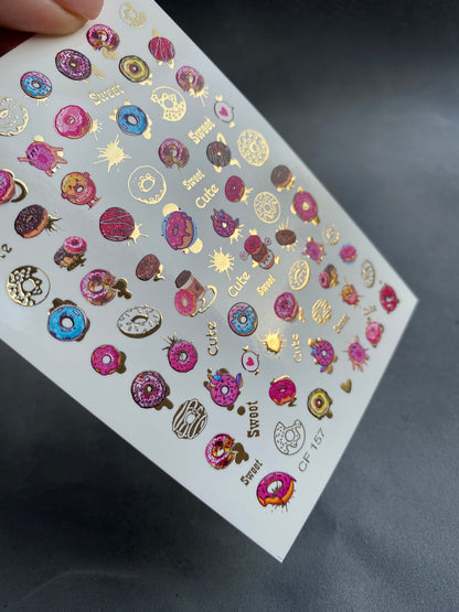 Nail Water Decal CF-157 | Donut Water Slide Nail Decals | Sweet Candy Designs & Gold Foil Details