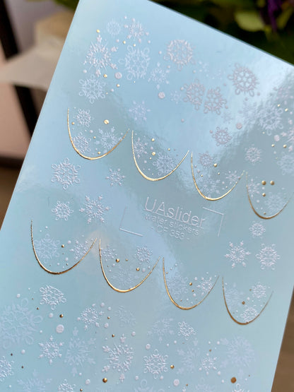 Nail Water Decal CF-353 | Water Slide Nail Decals | Snowflakes French Tips with Gold Accents