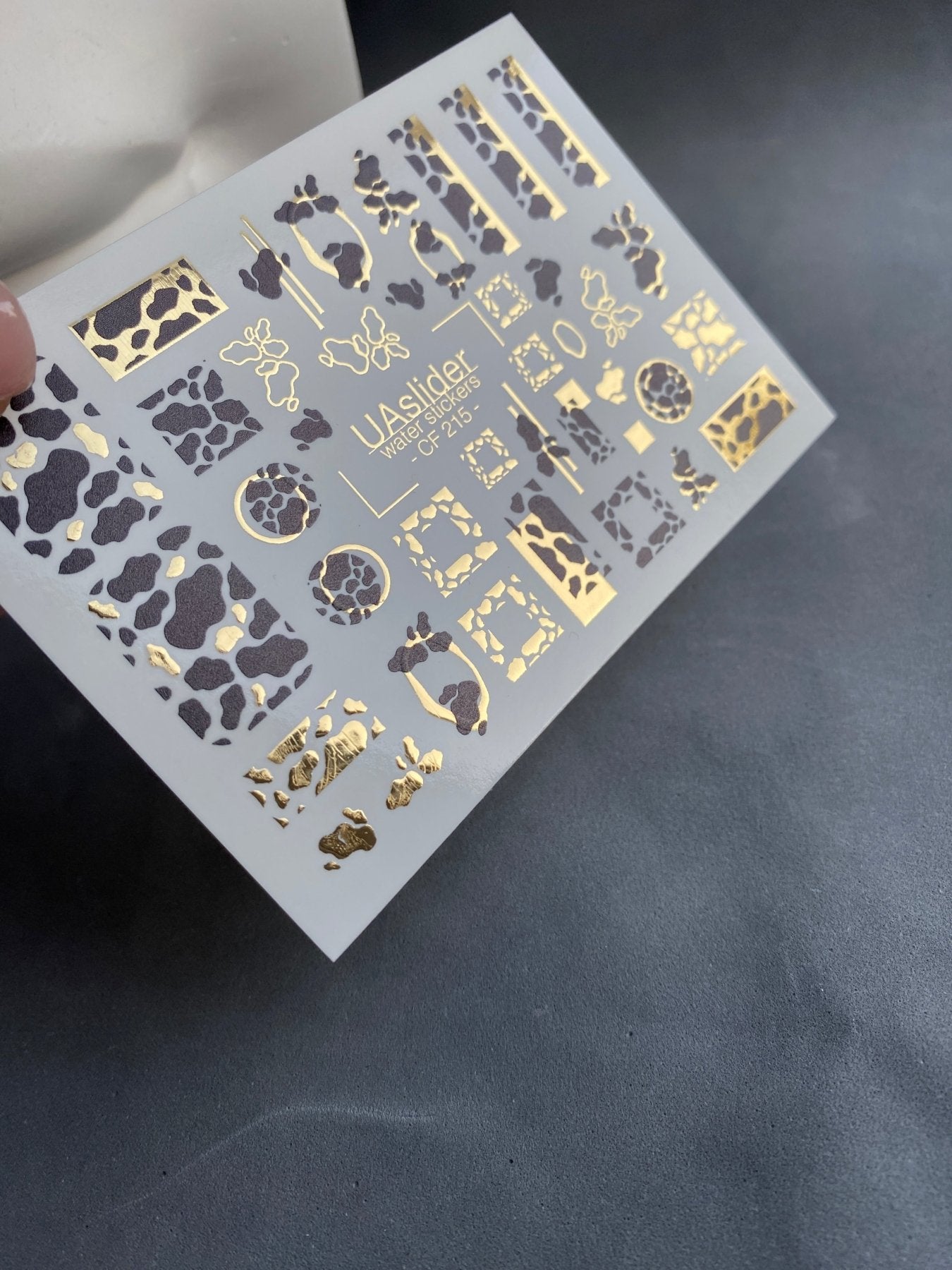 Nail Water Decal CF-215 | Cow Print Water Slide Nail Decals | Black & White with Gold Accents - UASLIDER