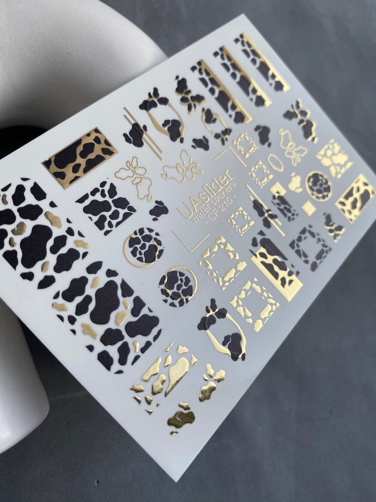 Nail Water Decal CF-215 | Cow Print Water Slide Nail Decals | Black & White with Gold Accents