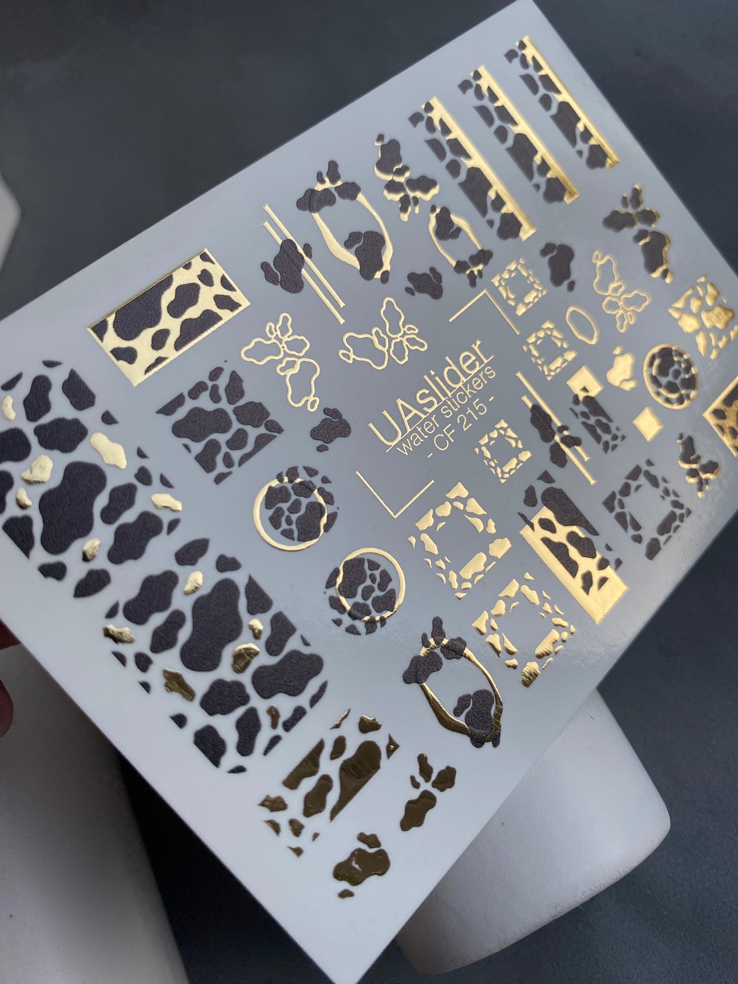 Nail Water Decal CF-215 | Cow Print Water Slide Nail Decals | Black & White with Gold Accents