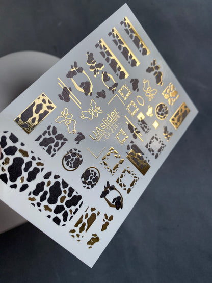 Nail Water Decal CF-215 | Cow Print Water Slide Nail Decals | Black & White with Gold Accents