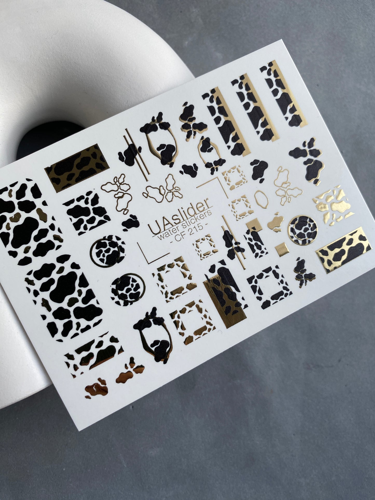Nail Water Decal CF-215 | Cow Print Water Slide Nail Decals | Black & White with Gold Accents