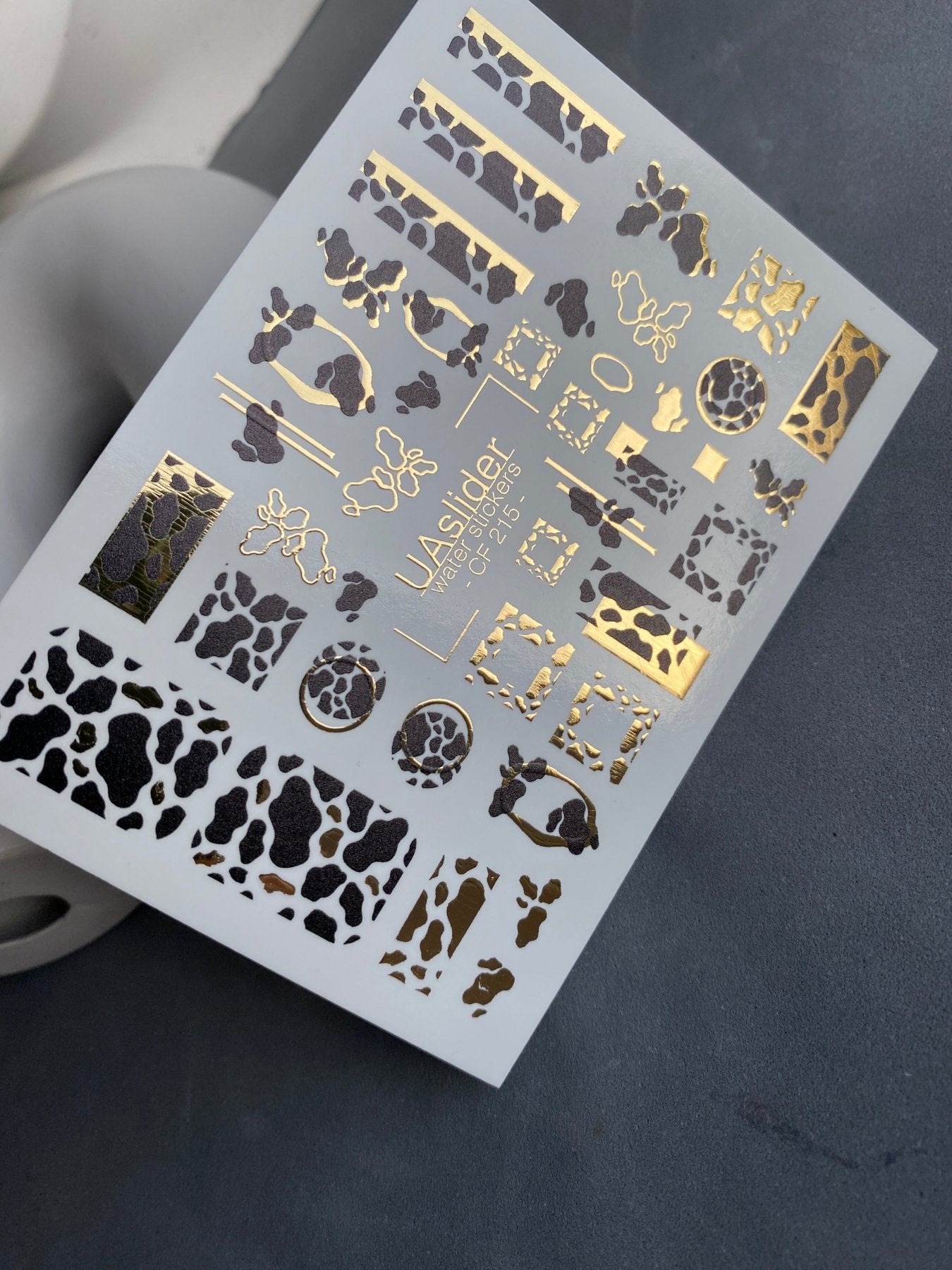 Nail Water Decal CF-215 | Cow Print Water Slide Nail Decals | Black & White with Gold Accents - UASLIDER