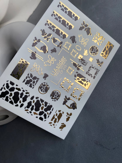 Nail Water Decal CF-215 | Cow Print Water Slide Nail Decals | Black & White with Gold Accents