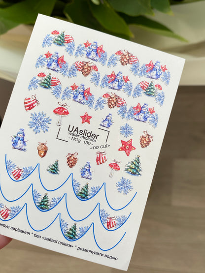 Nail Water Decal NCg-130 | Water Slide Nail Decals with Snowmen and Christmas Trees | Festive Winter Nail Art