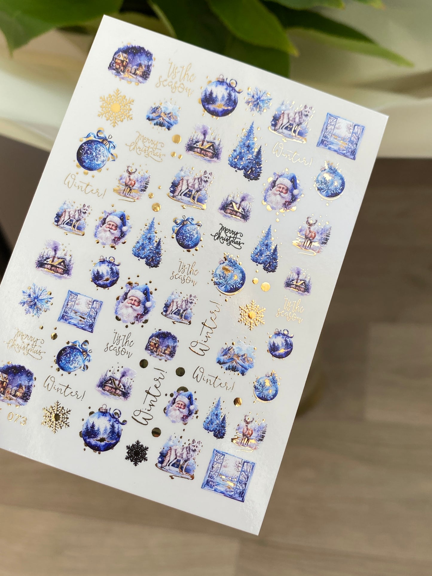 Nail Water Decal CF-073 | Winter Nail Art Water Decals | Blue Christmas Ornaments, Santa Claus, Reindeer and Snowy Trees