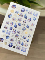 Nail Water Decal CF-073 | Winter Nail Art Water Decals | Blue Christmas Ornaments, Santa Claus, Reindeer and Snowy Trees - UASLIDER