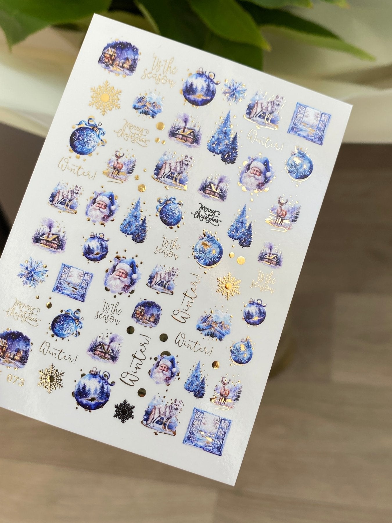 Nail Water Decal CF-073 | Winter Nail Art Water Decals | Blue Christmas Ornaments, Santa Claus, Reindeer and Snowy Trees - UASLIDER