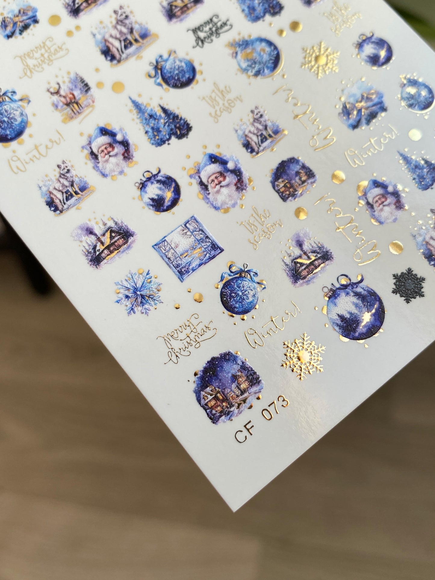 Nail Water Decal CF-073 | Winter Nail Art Water Decals | Blue Christmas Ornaments, Santa Claus, Reindeer and Snowy Trees