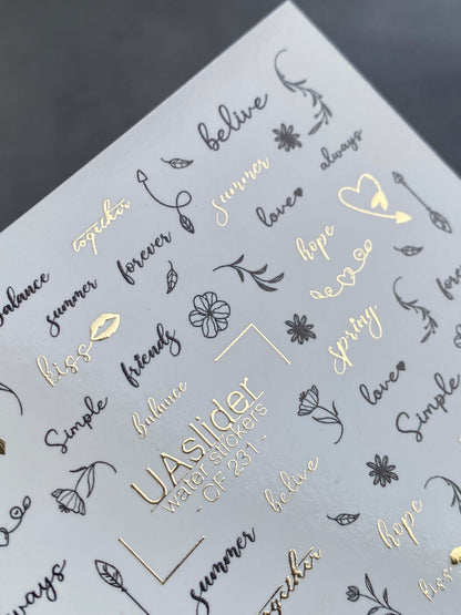 Nail Water Decal CF-231 | Minimalist Water Slide Nail Decals | Lettering, Flowers & Gold Accents