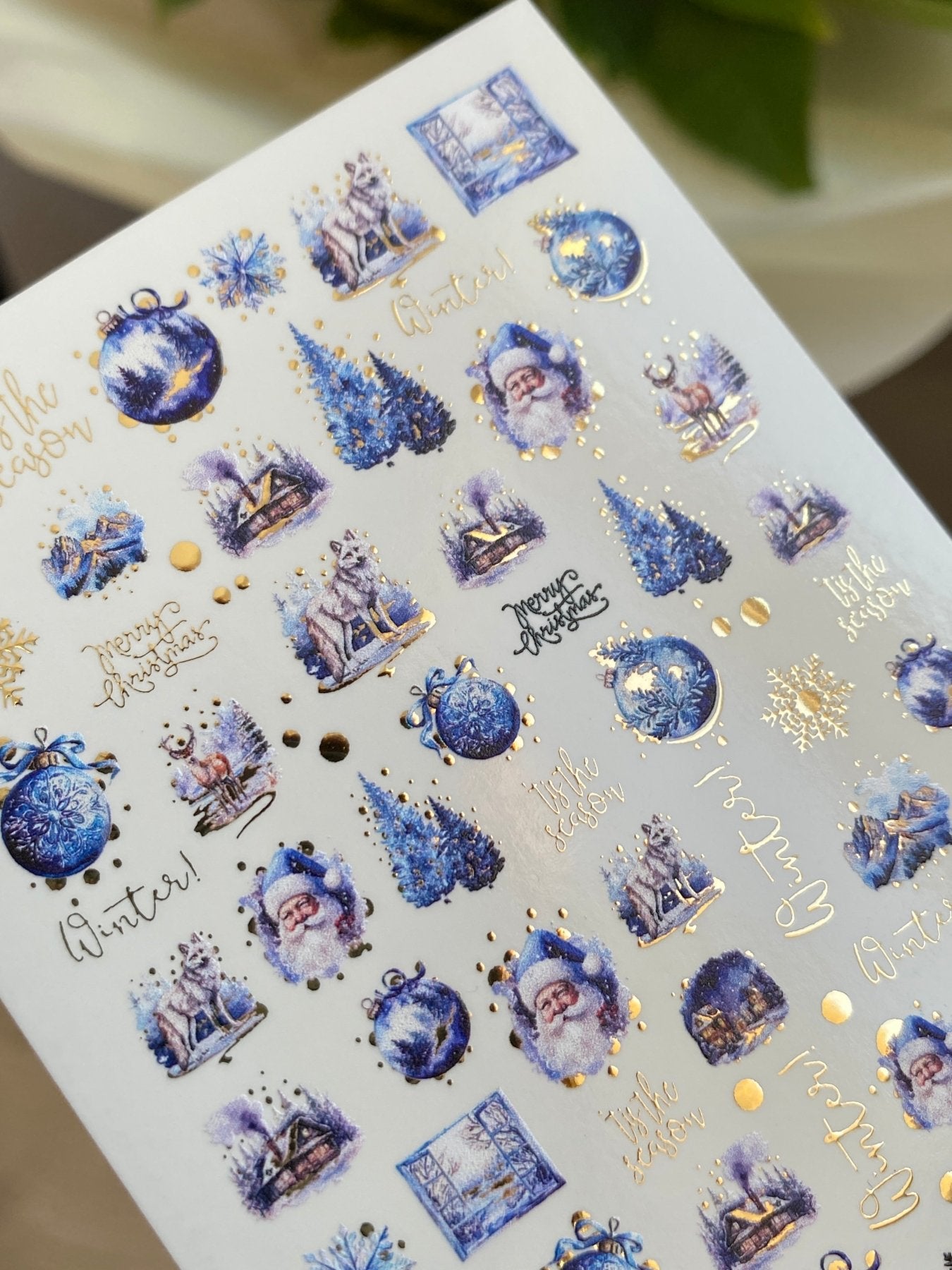 Nail Water Decal CF-073 | Winter Nail Art Water Decals | Blue Christmas Ornaments, Santa Claus, Reindeer and Snowy Trees - UASLIDER
