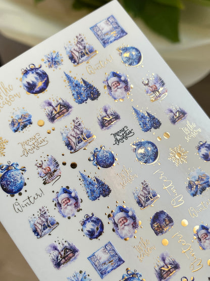 Nail Water Decal CF-073 | Winter Nail Art Water Decals | Blue Christmas Ornaments, Santa Claus, Reindeer and Snowy Trees