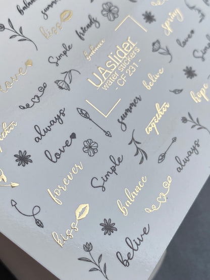 Nail Water Decal CF-231 | Minimalist Water Slide Nail Decals | Lettering, Flowers & Gold Accents